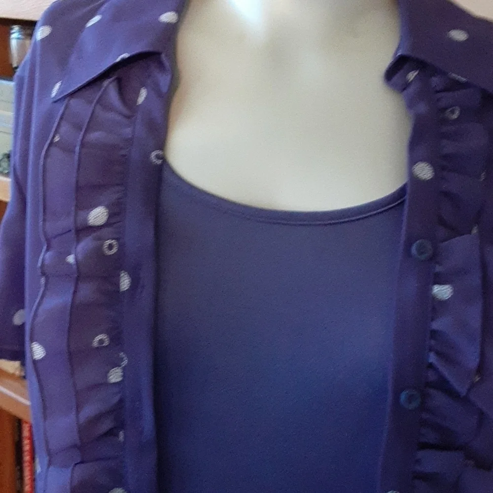 Pretty Royal Purple w/ White Pokdots Blouse & Solid Tank Size 12 - Picture 5 of 7